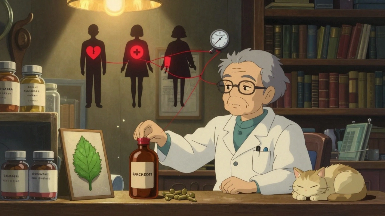 Une pharmacienne pose un avertissement sur des compléments de goldenseal, tandis que des silhouettes de patients en danger flottent autour d&#039;elle dans une pharmacie chaleureuse.