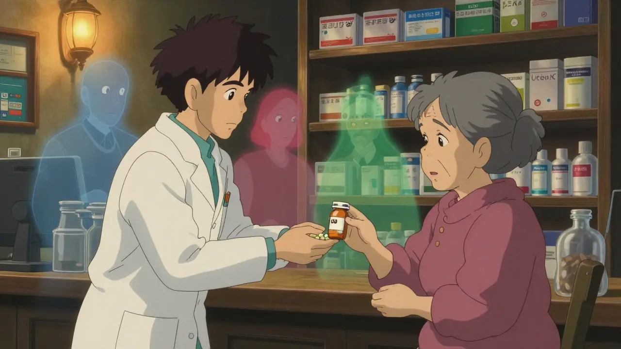 Une pharmacienne remet une nouvelle boîte de médicaments à une patiente, tandis que des formes fantômes de pilules précédentes flottent dans l'air.