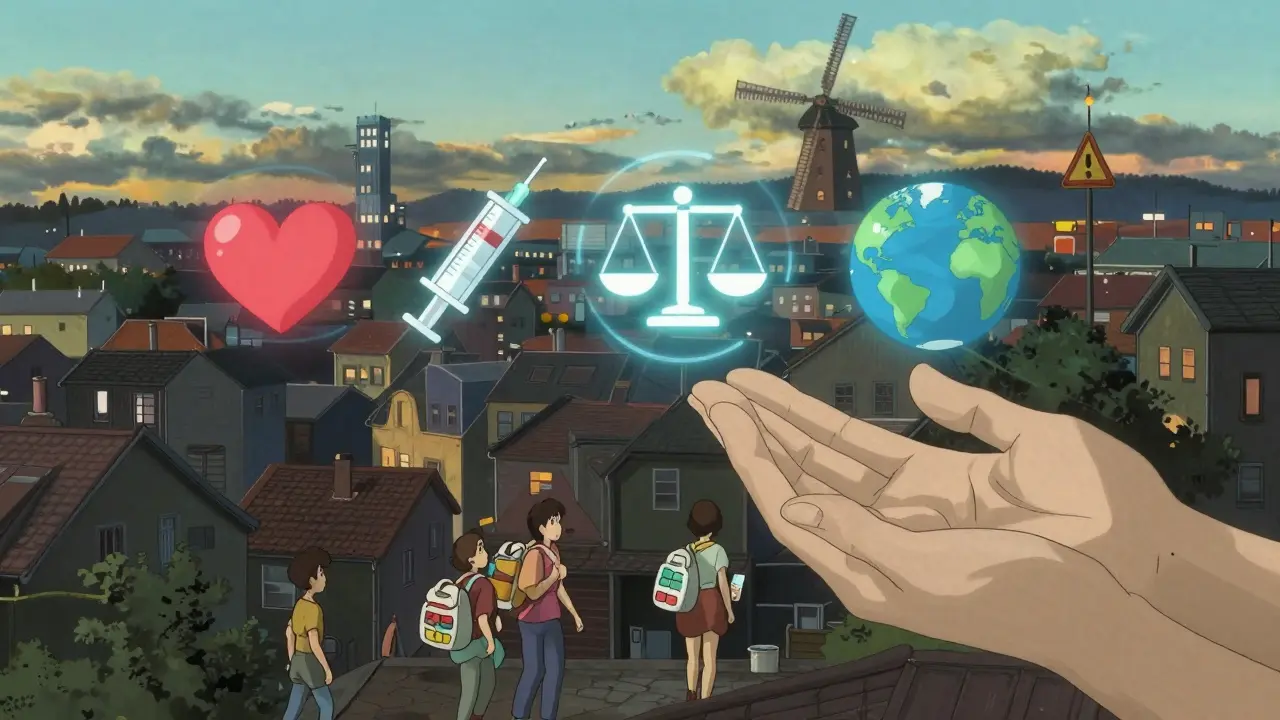 Une ville vue du ciel avec des icônes flottantes représentant la sécurité médicamenteuse mondiale.