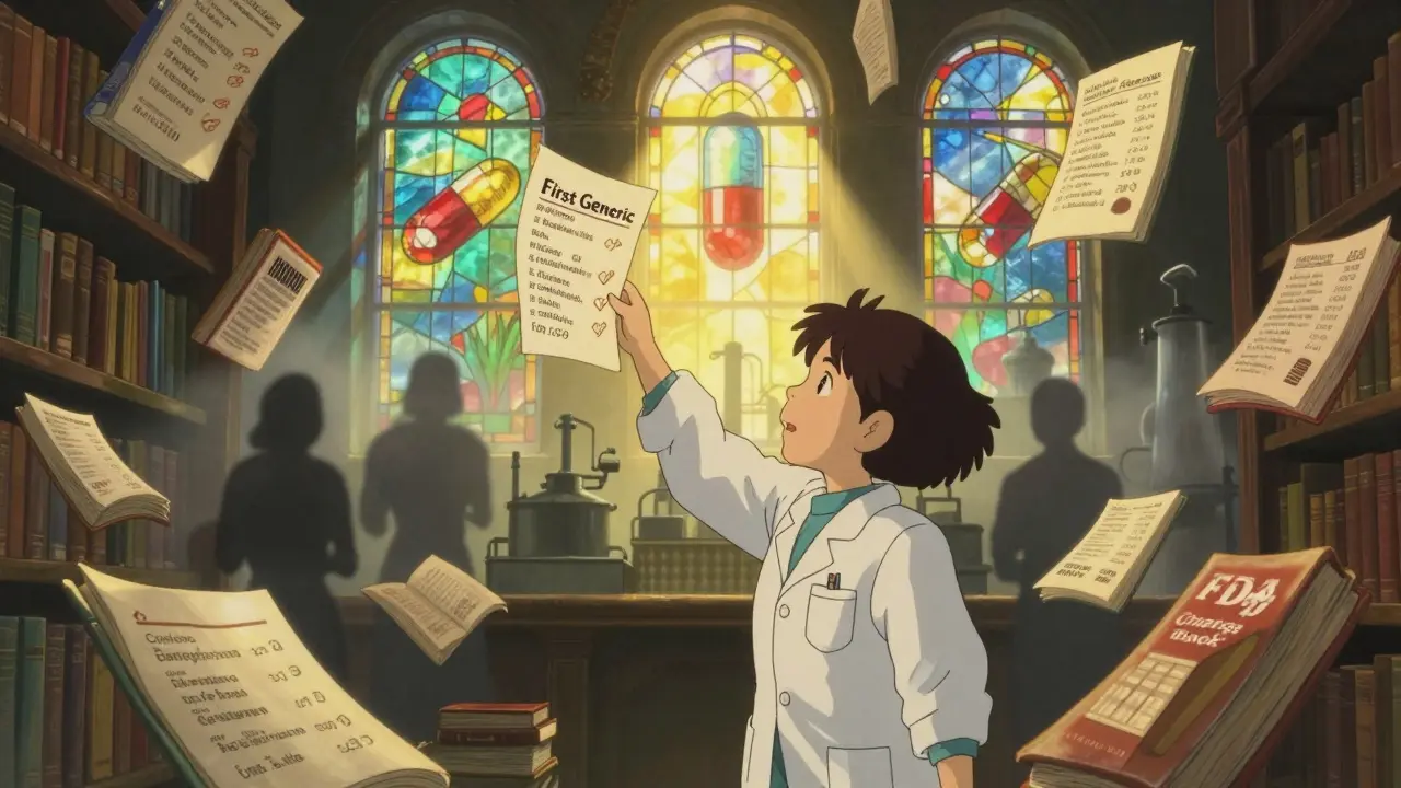 Bibliothèque flottante avec des livres du Orange Book et une fille atteignant un dossier prioritaire, style Ghibli.