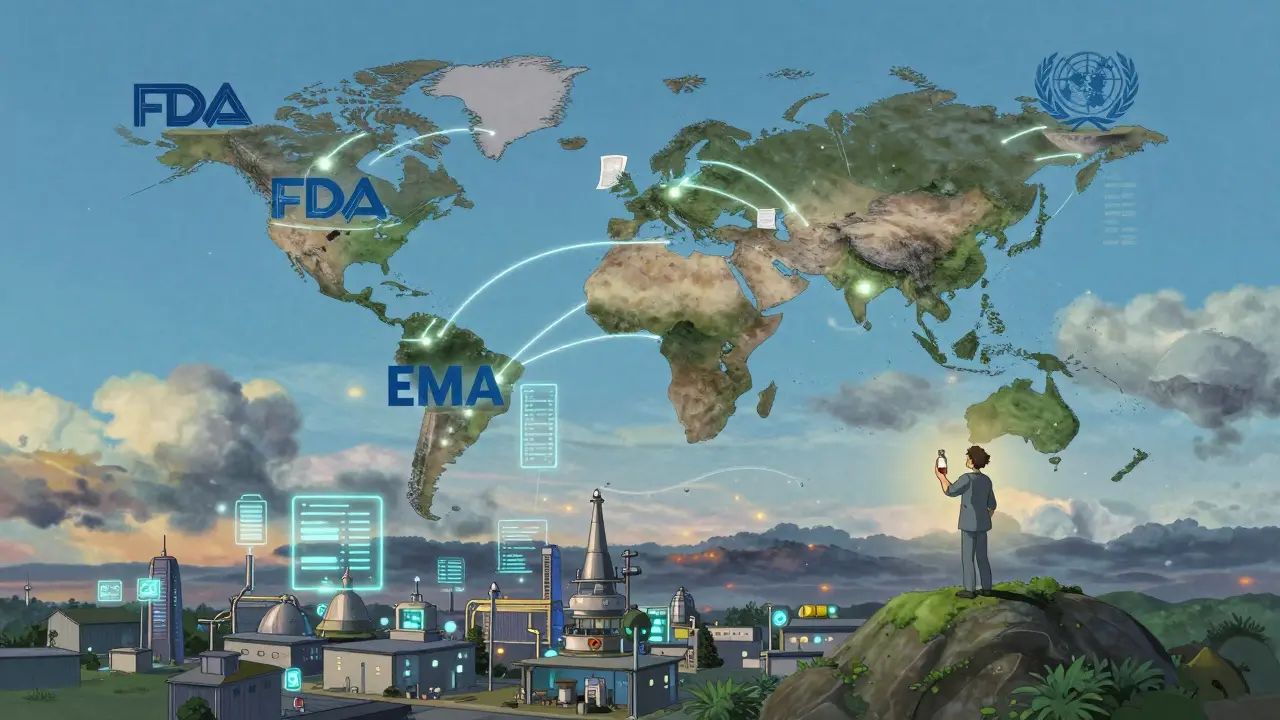 Carte mondiale des normes GMP flottant dans le ciel, reliant FDA, EMA et OMS par des flux de données.