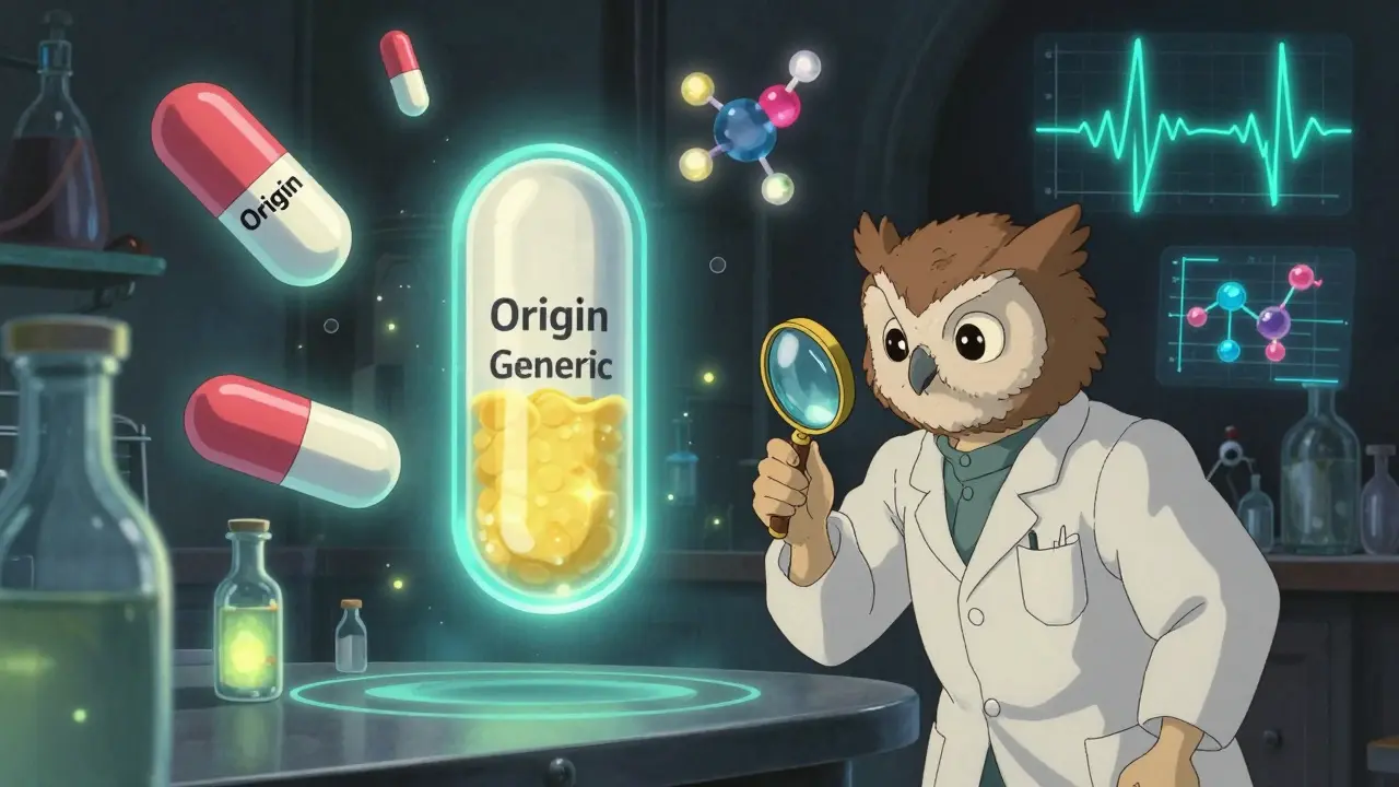 Des comprimés flottants dans un laboratoire magique, équilibrés entre original et générique, observés par une chouette en blouse blanche.