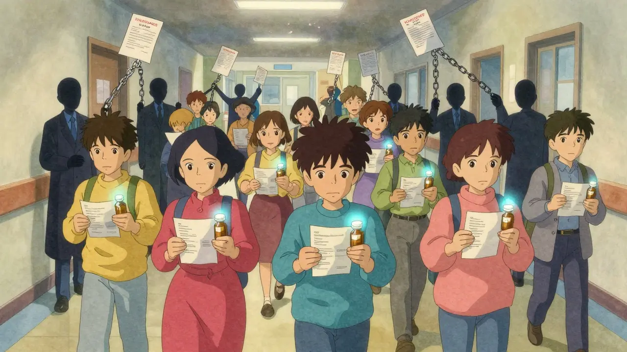 Des patients avancent dans un couloir hospitalier, des flacons génériques émettent une lueur bleue tandis que des chaînes de brevets se transforment en pétales.