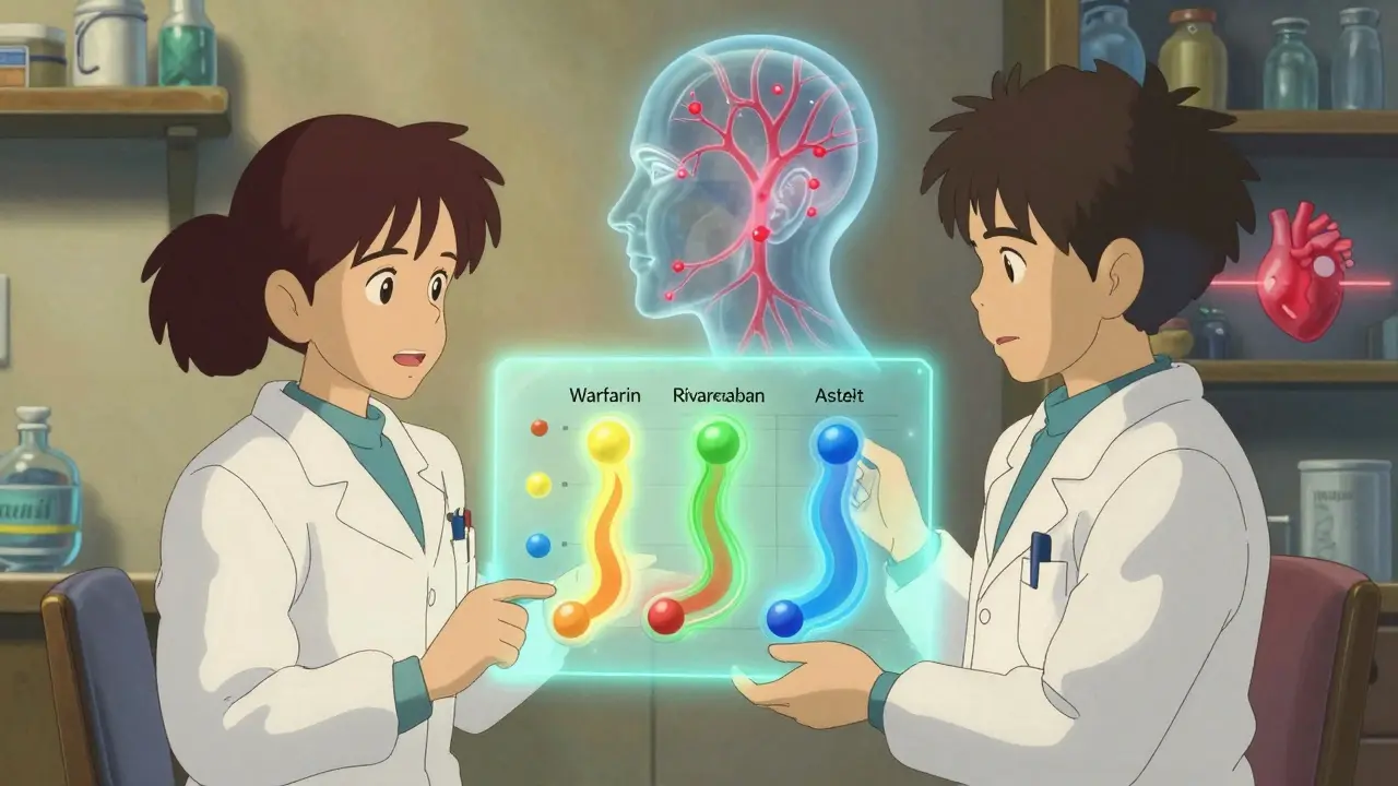 Deux médecins observent un diagramme animé des anticoagulants, avec des flux colorés représentant les risques.