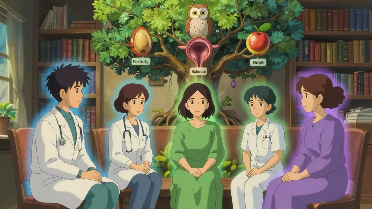 Équipe médicale soutenant une femme dans une pièce chaleureuse, un arbre aux fruits de l'espoir derrière eux.