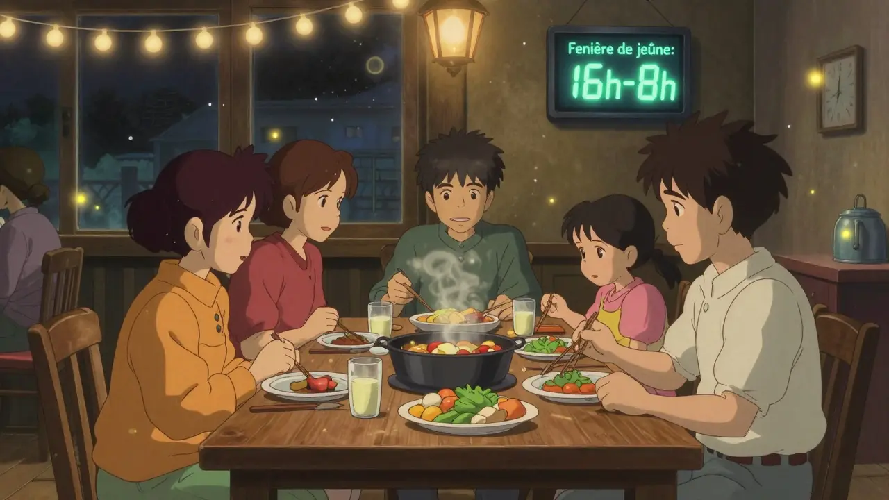 Famille au dîner, une personne pose son assiette à 18h, une horloge affiche la fenêtre de jeûne.