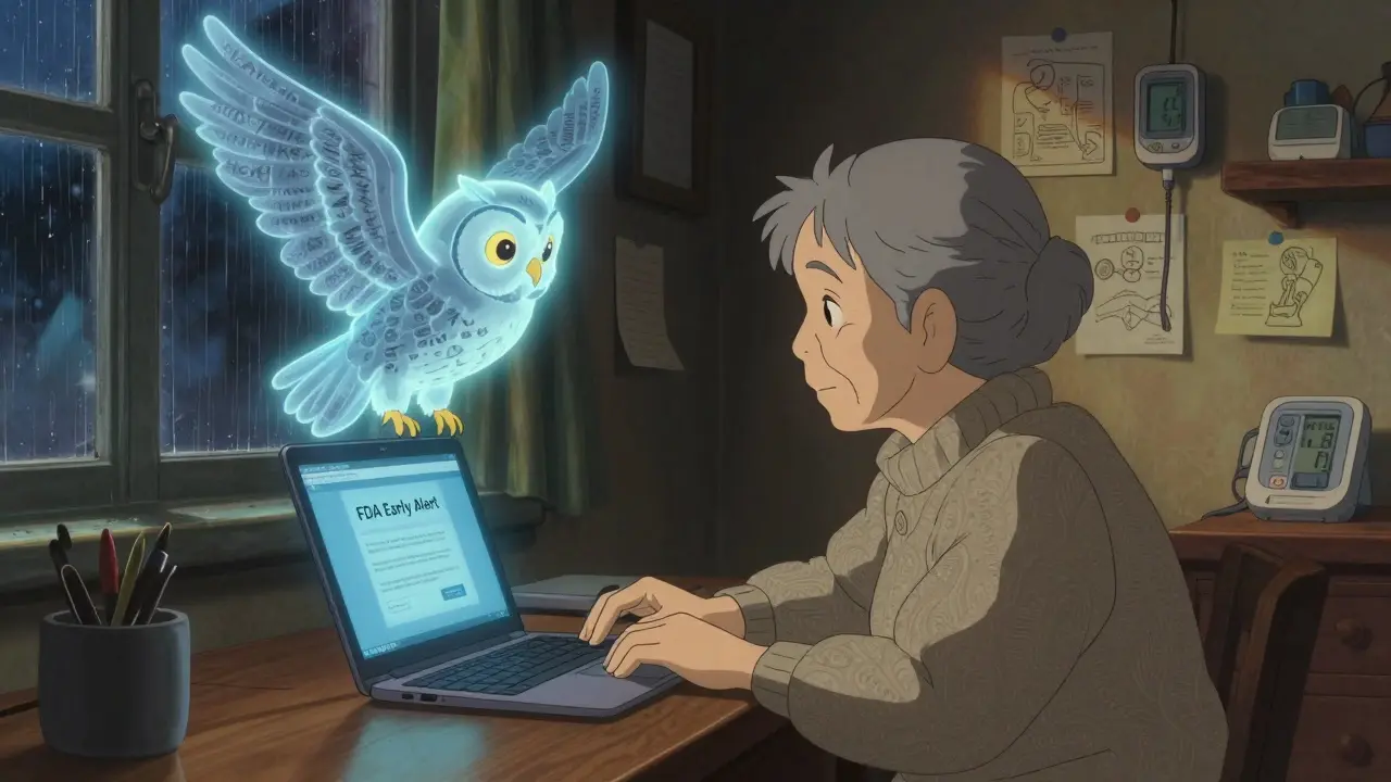 Femme âgée regardant une alerte FDA sur un écran, une chouette en texte flottant à côté d'elle, dans une chambre chaleureuse.