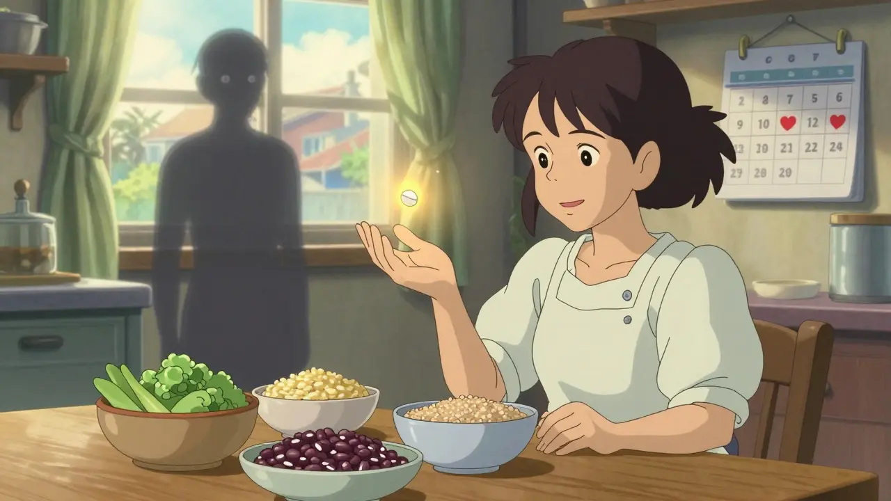 Femme préparant un repas sain avec des céréales complètes, une pilule flottante au-dessus de sa main.