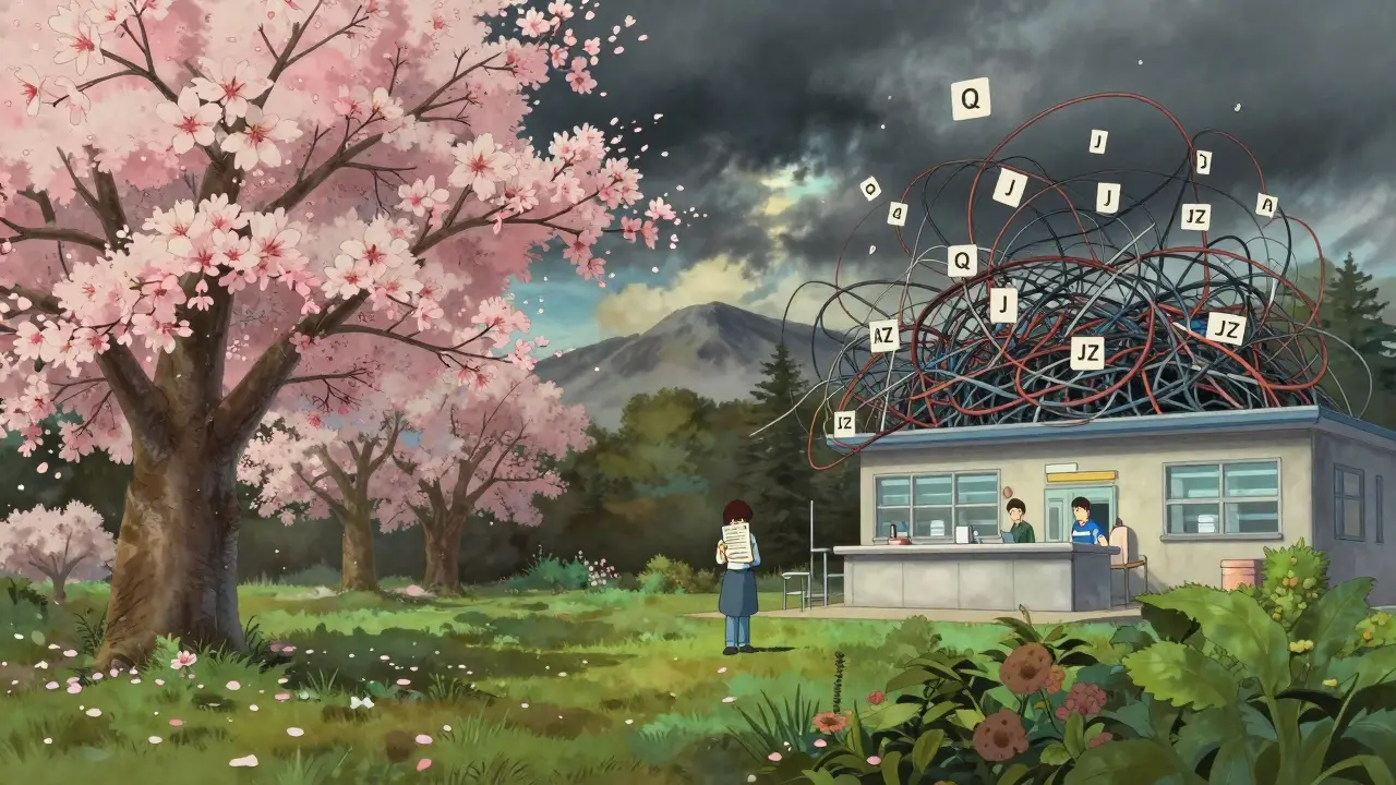 Jardin français paisible avec des biosimilaires en fleurs, contrasté avec une clinique américaine en désordre de codes flottants.