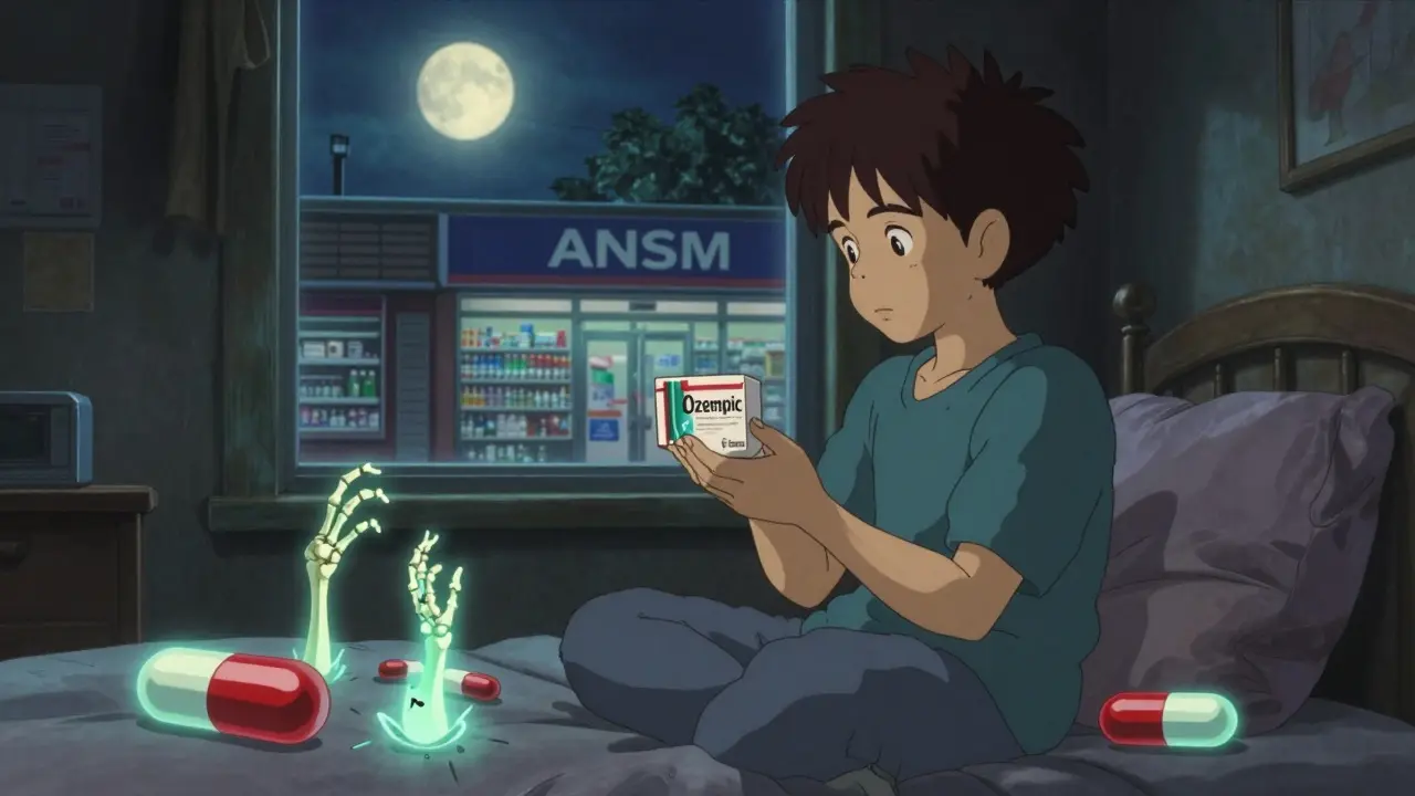 Jeune personne tenant des pilules contrefaites qui se transforment en mains squelettiques, dans une chambre sombre.