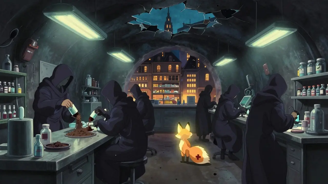 Laboratoire clandestin caché sous une ville, avec des silhouettes fabriquant des médicaments toxiques sous une lumière vacillante.