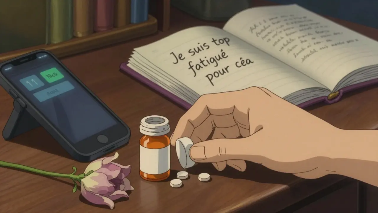 Main tremblante atteignant une bouteille de pilules sur une table de nuit, avec un téléphone éteint et un journal ouvert.