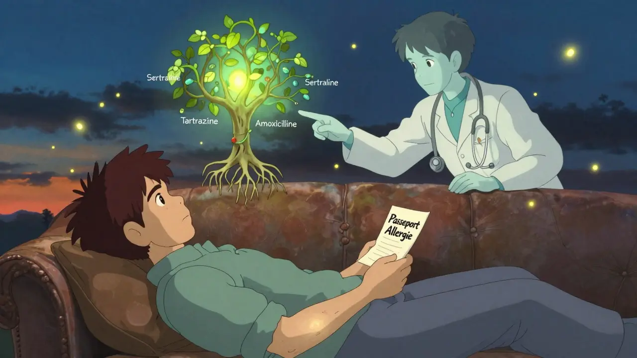 Patient avec une éruption cutanée douce tenant un passeport allergie, des racines de médicaments flottent au-dessus.
