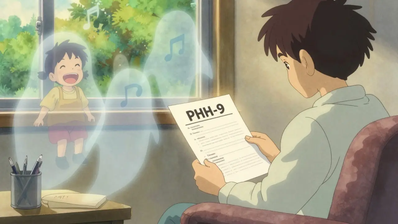 Patient dans un bureau de thérapie tenant un questionnaire PHQ-9, des souvenirs joyeux s’estompant autour d’eux.