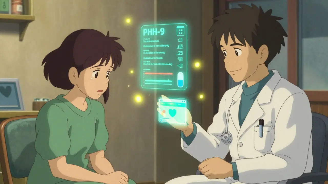 Patient et médecin en consultation, des données lumineuses flottent entre eux, symbolisant le suivi et la compréhension.