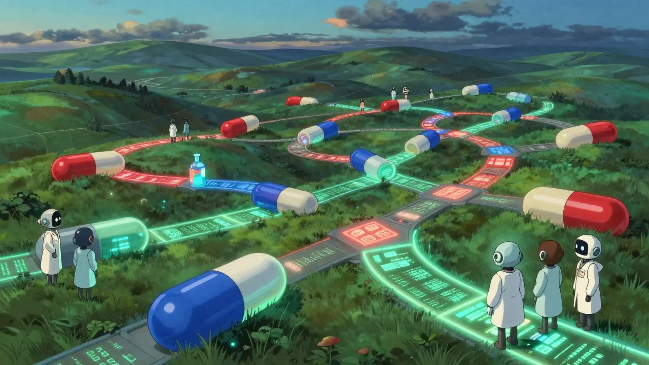 Paysage numérique de voies en forme de comprimés, avec des lumières pulsantes pour les brevets et exclusivités.