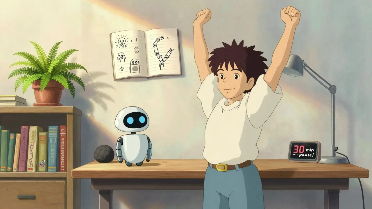 Personne debout à un bureau ajustable, en train de s'étirer, avec un petit robot rappelant la pause.