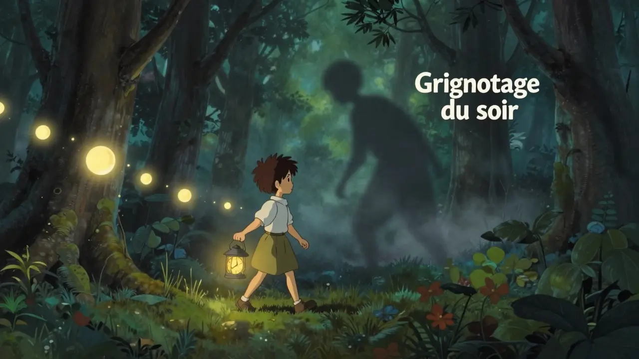 Personne marchant dans une forêt au crépuscule avec une lanterne-cloche, des sphères lumineuses flottent autour.