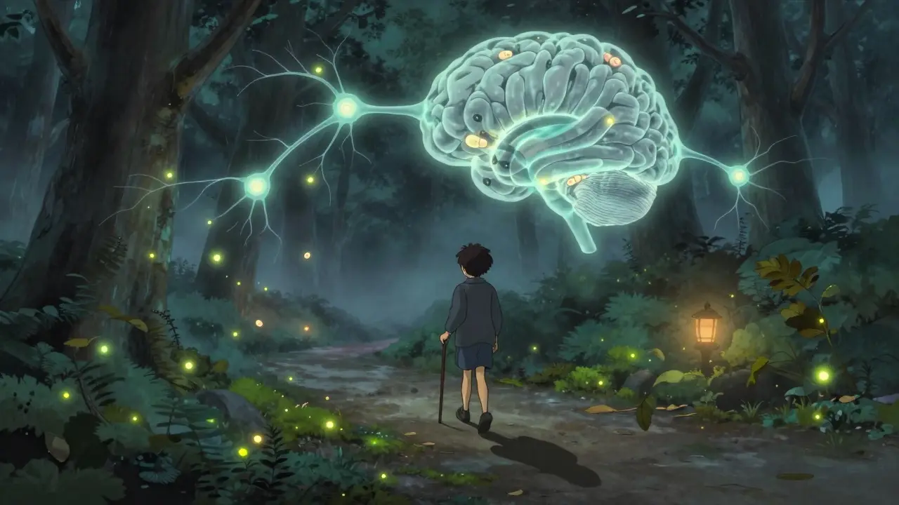 Personne marchant dans une forêt brumeuse, des neurones lumineux flottent dans l’air, des capsules de buprénorphine tombent comme des feuilles.