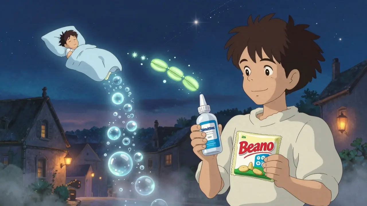 Personne tenant deux médicaments sous un ciel étoilé, deux voies lumineuses symbolisent prévention et soulagement.