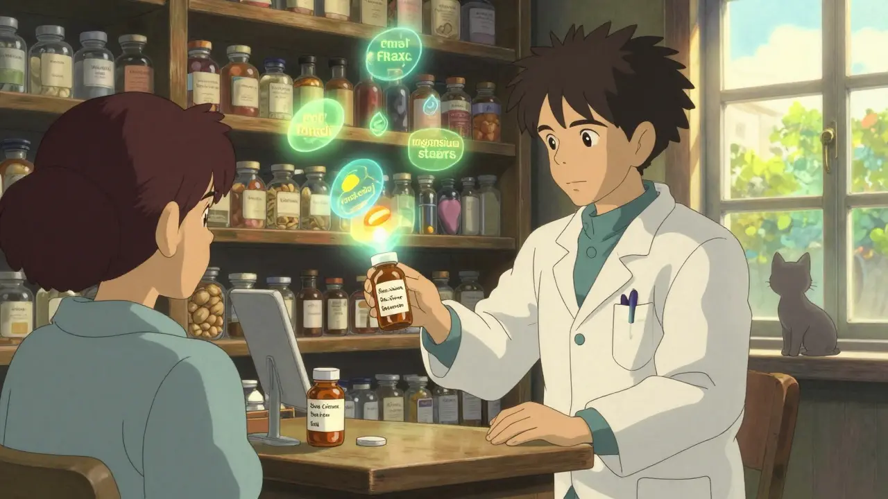 Pharmacien remettant une pilule sans additifs à un patient, des ingrédients invisibles flottent en arrière-plan.