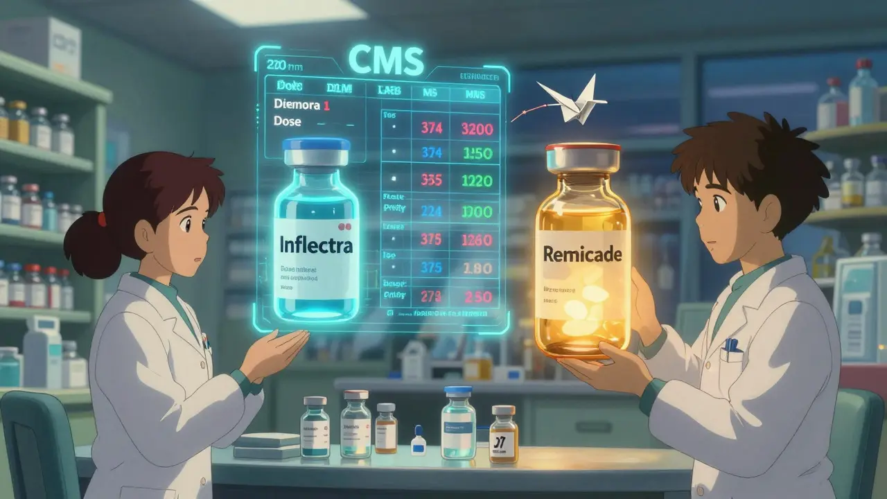 Pharmaciens examinent des flacons de biosimilaires sous une carte de prix flottante, avec des grues en papier portant le modificateur JZ.