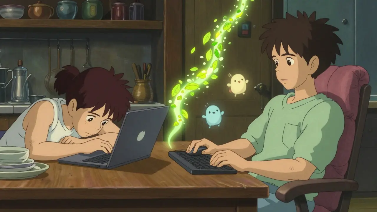 Scène divisée : à gauche, malaise au bureau de cuisine ; à droite, confort et bien-être dans un espace ergonomique.