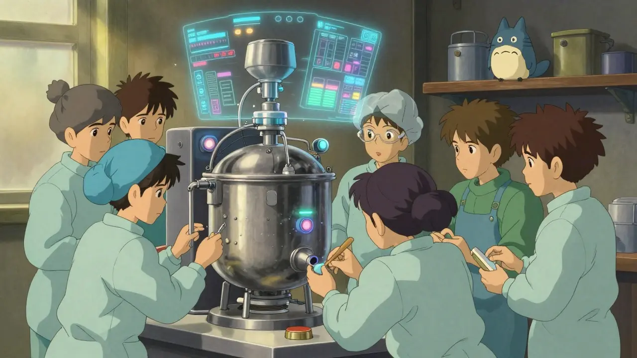 Techniciens validant une machine de mélange avec des capteurs lumineux, accompagnés d'un esprit félin observateur.