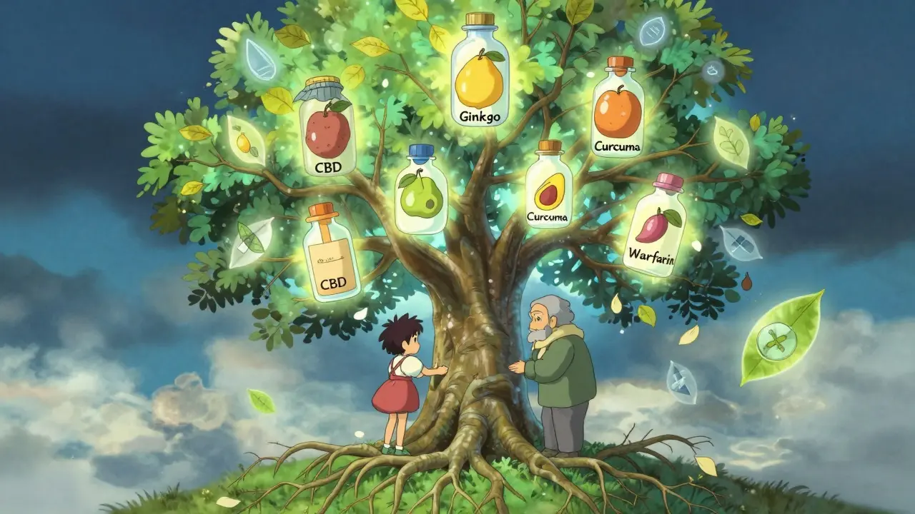 Un arbre magique relie les suppléments et médicaments, symbolisant la communication entre patient et médecin.