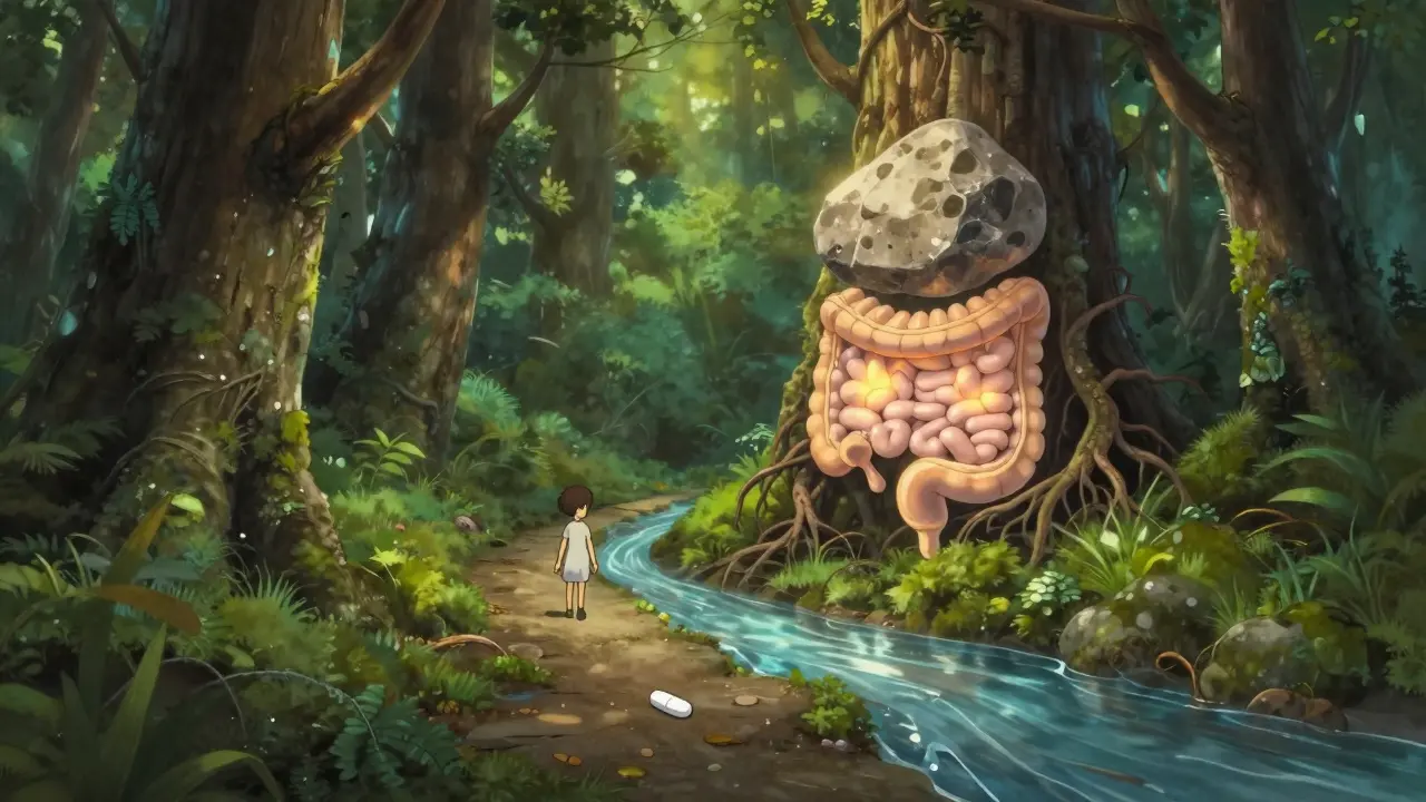 Un chemin forestier symbolise l'intestin, une pilule bloquée par un rocher de calcium.