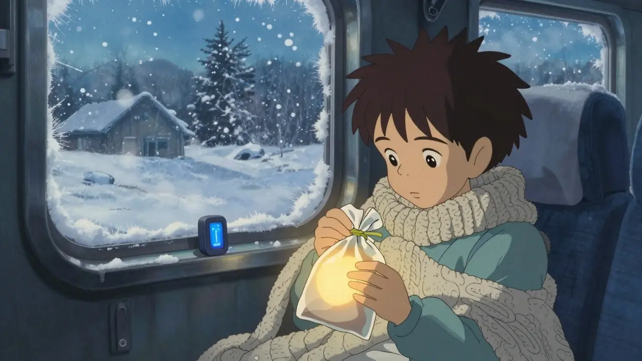 Un enfant enveloppe un médicament dans une couverture en laine dans un wagon de train enneigé, avec un dispositif de température qui brille doucement.