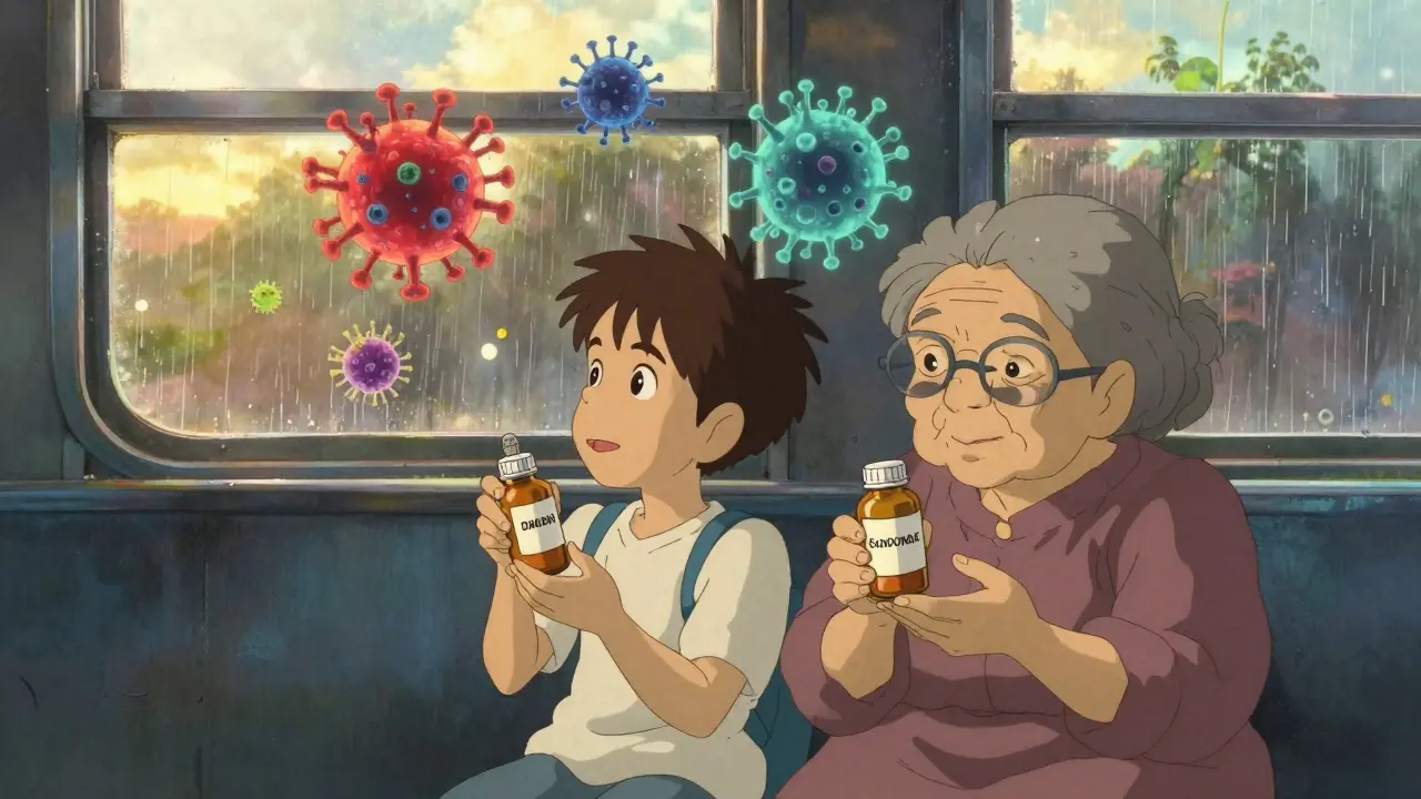 Un enfant et une personne âgée dans un train, des molécules de médicaments et de virus dansent au-dessus d'eux sous la pluie douce.