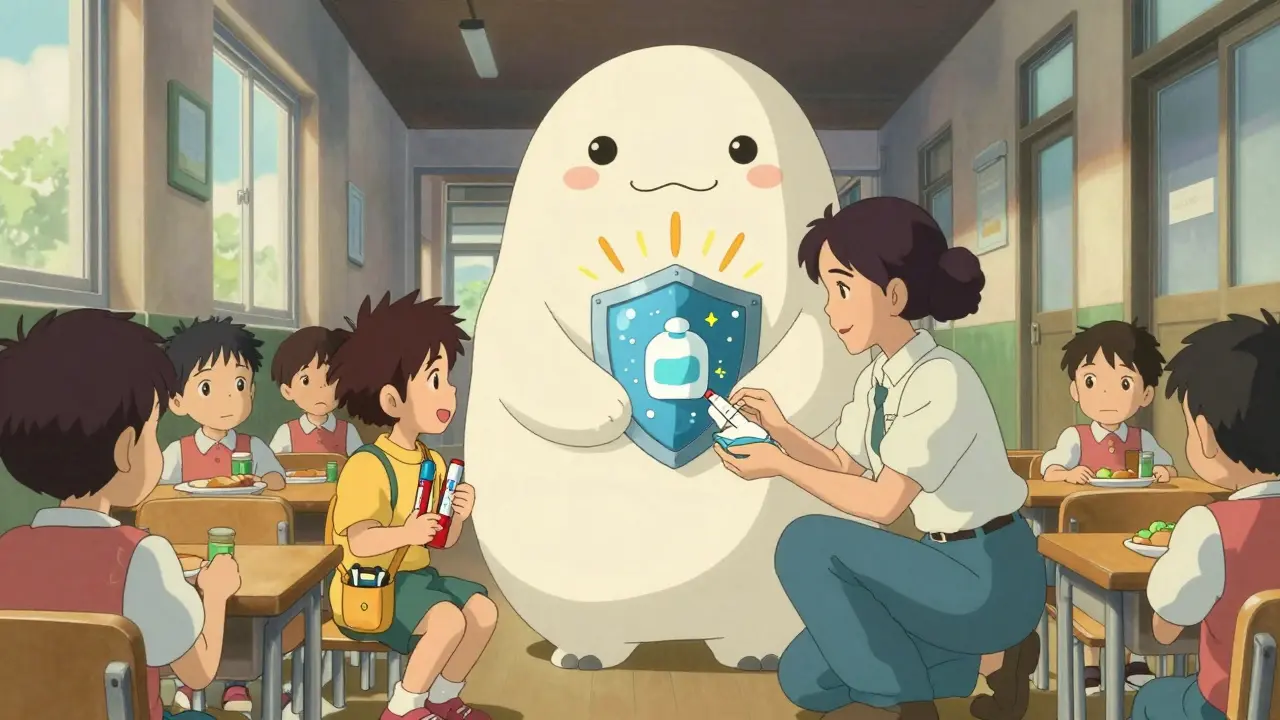 Un enseignant montre à des élèves comment utiliser un auto-injecteur d'épinéphrine dans une salle de classe.