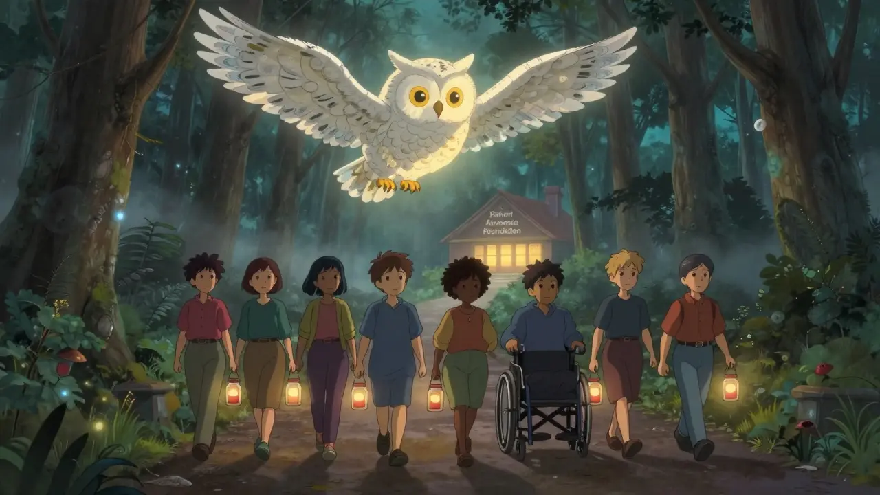 Un groupe de patients marche dans une forêt brumeuse, portant des lanternes en forme de flacons, guidés par un hibou lumineux.