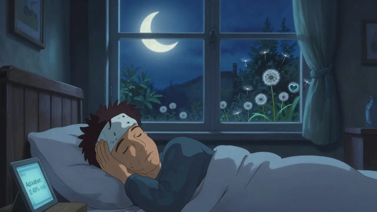 Un homme dort paisiblement, un compress froid sur le front, sous la lune, des graines flottent comme des parapluies.