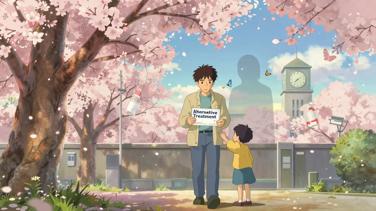 Un homme marche dans un parc printanier, les symptômes du lupus se transformant en papillons, symbolisant sa guérison.