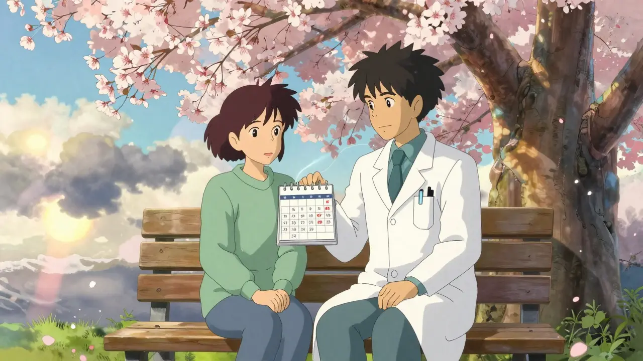 Un médecin et un jeune adulte sous un cerisier en fleur, un fil lumineux relie leurs cœurs, un nuage noir se dissipe en soleil.