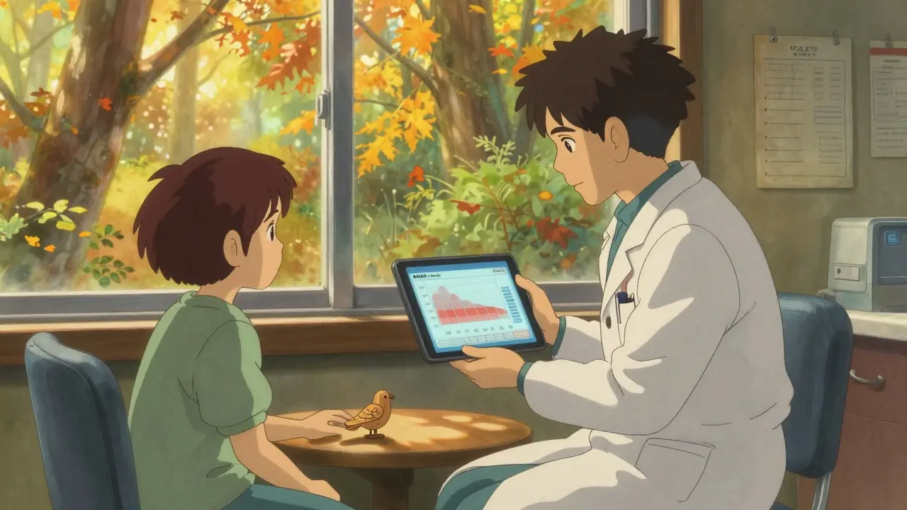 Un médecin et un patient regardent un écran dans une pièce ensoleillée, une oiseau en bois sur la table.