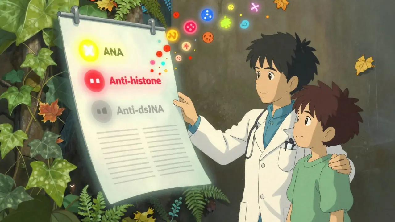 Un médecin examine un tableau médical flottant avec des résultats sanguins animés, tandis que des symptômes disparaissent comme des feuilles.