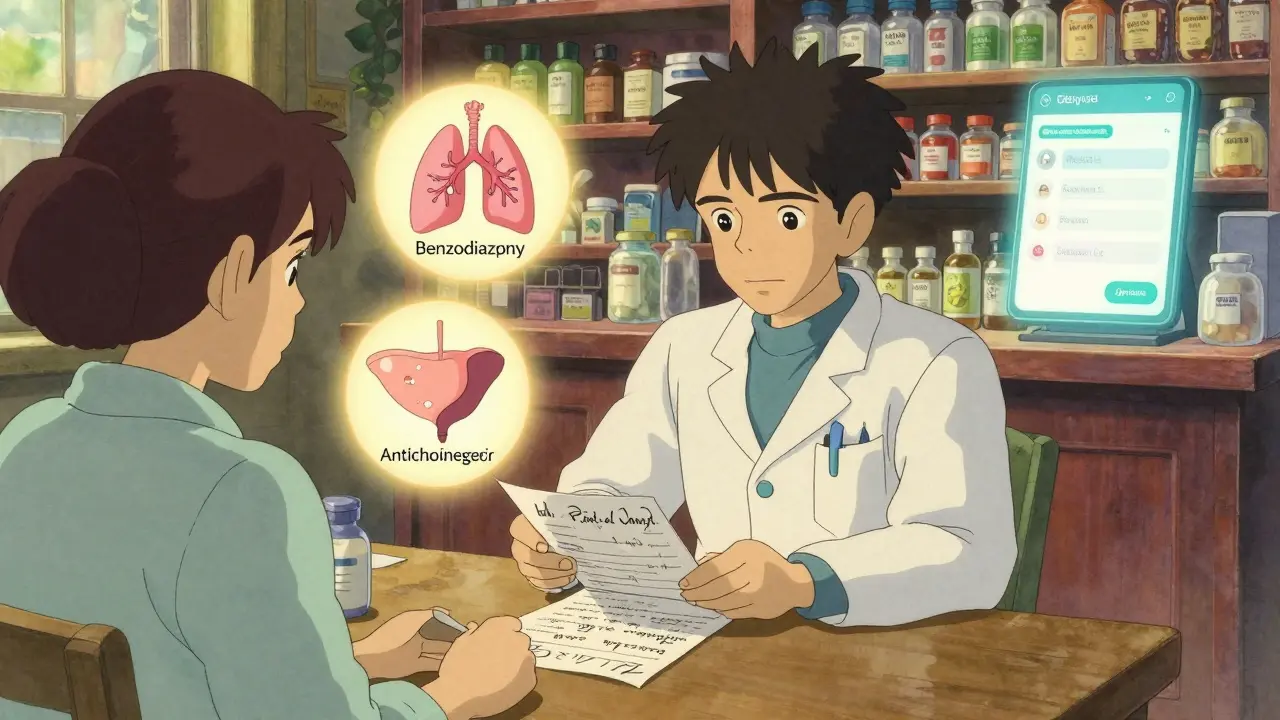 Un pharmacien aide un patient à examiner une liste de médicaments, avec des alertes visuelles flottantes au-dessus d'eux.