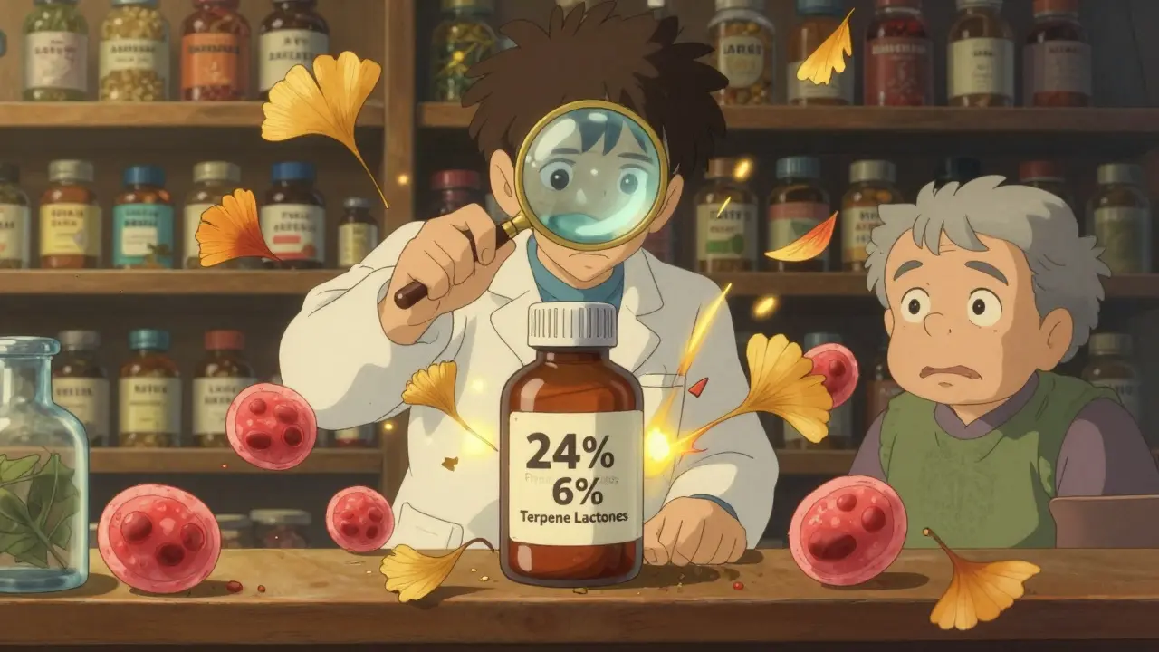 Un pharmacien examine une bouteille de Ginkgo Biloba, des cellules sanguines se brisent autour, des feuilles d'automne tourbillonnent.