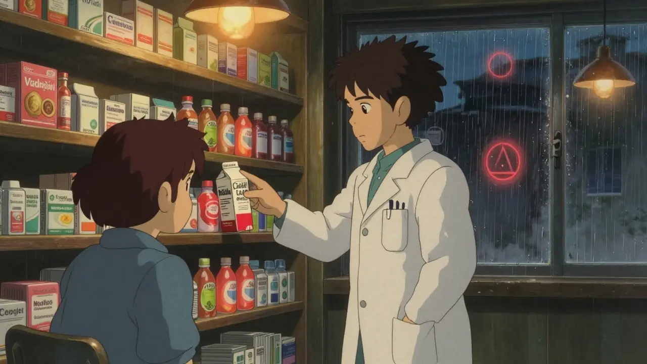 Un pharmacien montre un avertissement sur un jus enrichi à un patient dans une pharmacie.