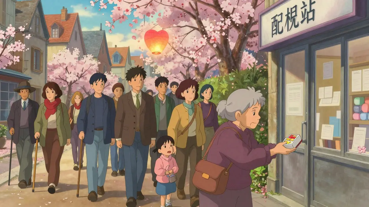 Un pharmacien remet un médicament à une femme âgée sous des cerisiers en fleurs, des gens marchent ensemble.