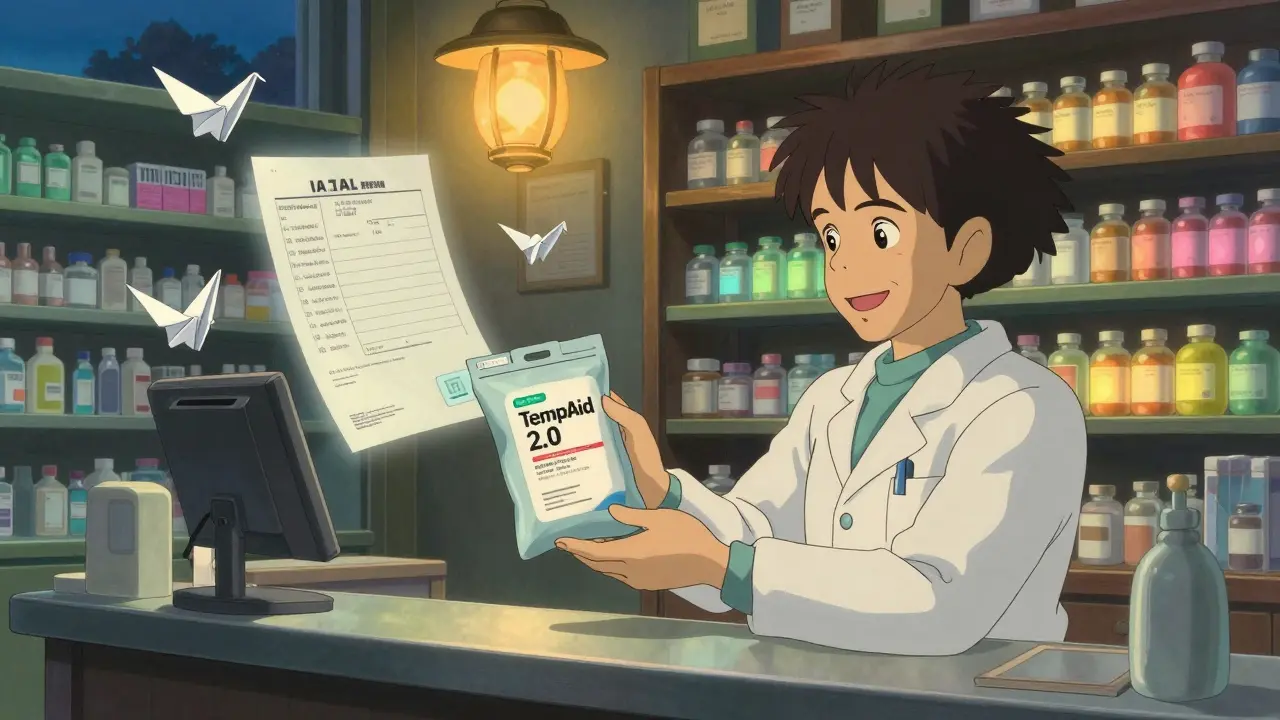 Un pharmacien remet un sac certifié à un voyageur, tandis que des documents flottent comme des grues en papier dans la lumière du crépuscule.