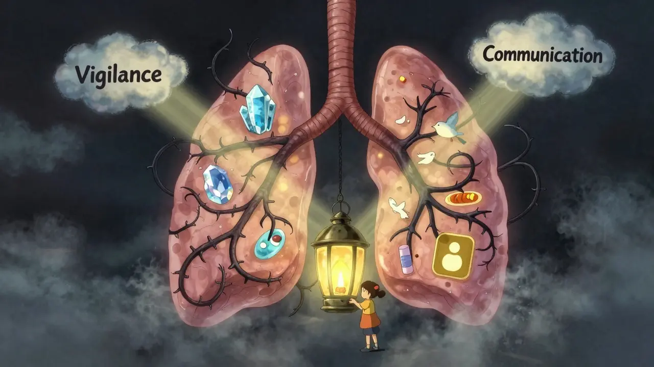 Un poumon sous forme de lanterne lumineuse est bloqué par des lianes noires, tandis que des lumières douces symbolisent des alternatives sûres.