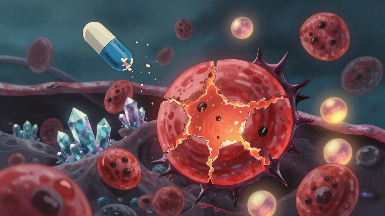 Une cellule rouge attaquée par des molécules toxiques, protégée par des cristaux brillants dans un flux sanguin imaginaire.