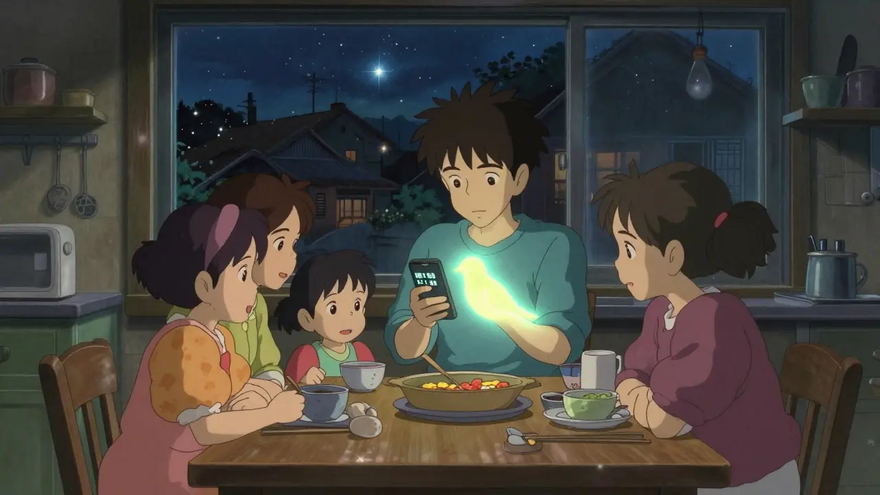 Une famille à la cuisine, un jeune téléphone une ligne d'écoute, un oiseau lumineux s'élève de sa poitrine sous les étoiles.