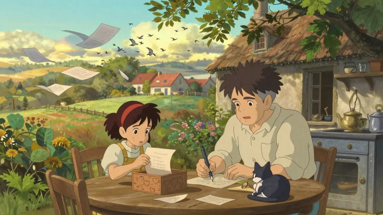 Une famille écrit des souhaits médicaux à la cuisine, une boîte en bois contient les directives, des oiseaux s'envolent par la fenêtre.