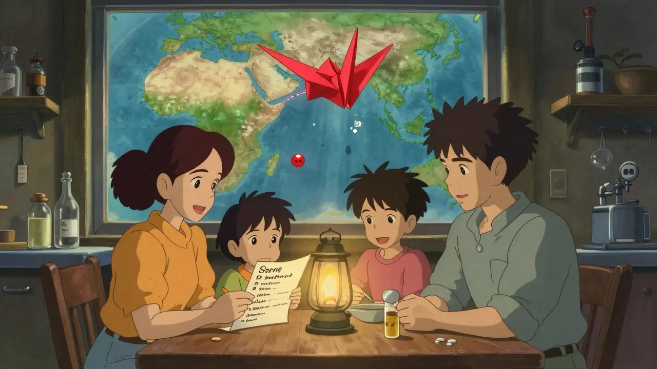 Une famille examine une liste de médicaments sûrs, avec une cellule rouge en forme de cerf-volant au-dessus d'une carte mondiale.