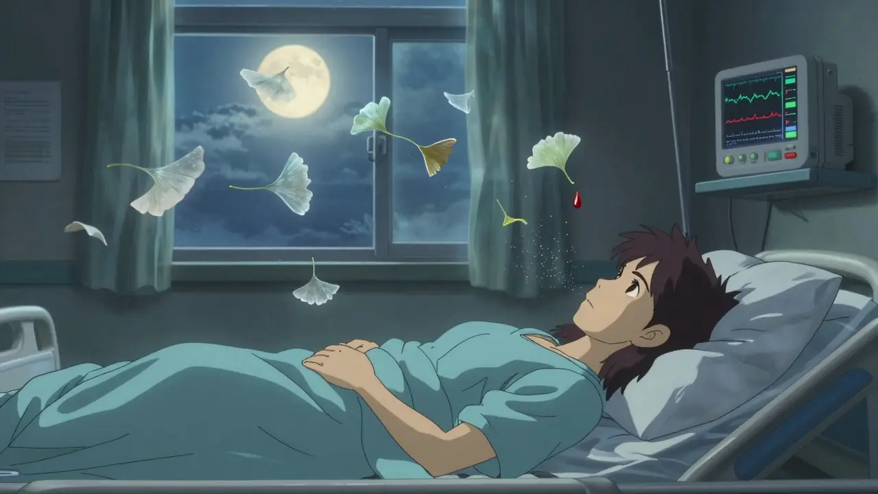 Une femme dans un lit d'hôpital, des feuilles de Ginkgo flottent au-dessus d'elle, une goutte de sang tombe lentement.